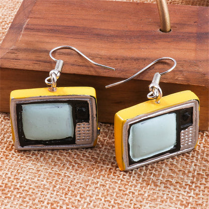 Yellow Enamel and Silver-Plated TV Drop Earrings, silver drop earrings for women, elegant gift for her, front view