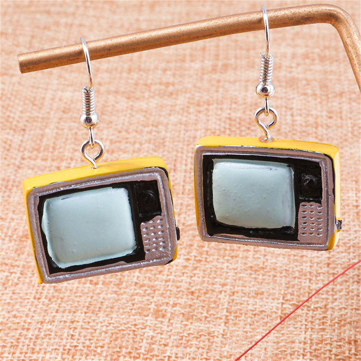 Yellow Enamel and Silver-Plated TV Drop Earrings, silver drop earrings for women, elegant gift for her, side view