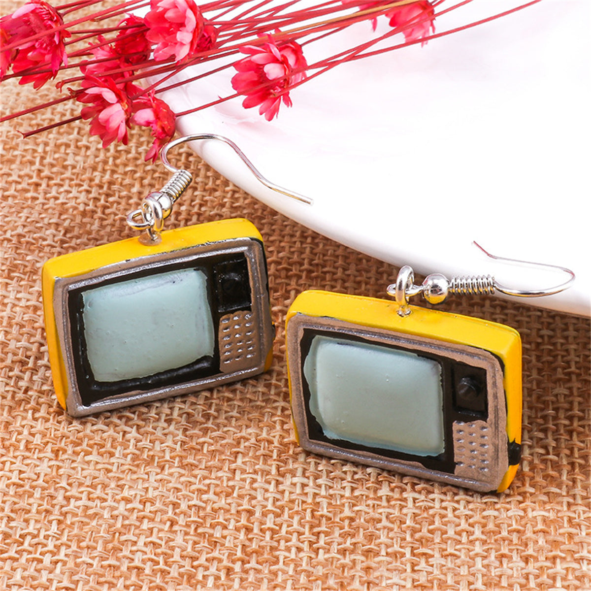 Yellow Enamel & Silver-Plated TV Drop Earrings