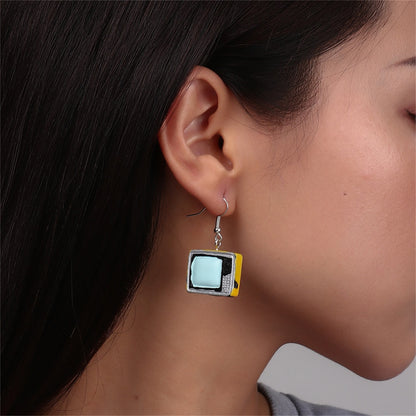 Yellow Enamel and Silver-Plated TV Drop Earrings, silver drop earrings for women, elegant gift for her, lifestyle look