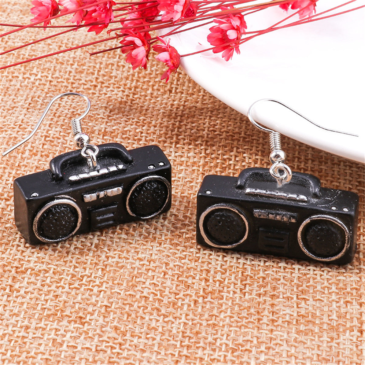 Black Enamel and Silver-Plated Radio Drop Earrings, silver drop earrings for women, dainty minimalist design, front view