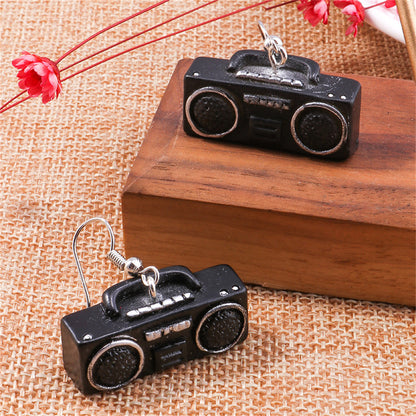 Black Enamel and Silver-Plated Radio Drop Earrings, silver drop earrings for women, dainty minimalist design, styled look