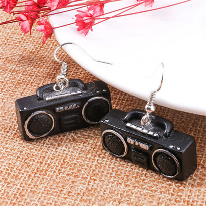 Black Enamel and Silver-Plated Radio Drop Earrings, silver drop earrings for women, dainty minimalist design, side view