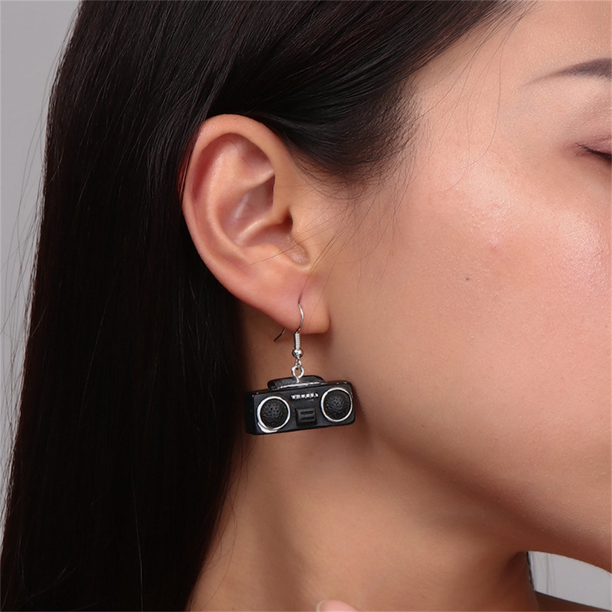 Black Enamel and Silver-Plated Radio Drop Earrings, silver drop earrings for women, dainty minimalist design, detail close-up