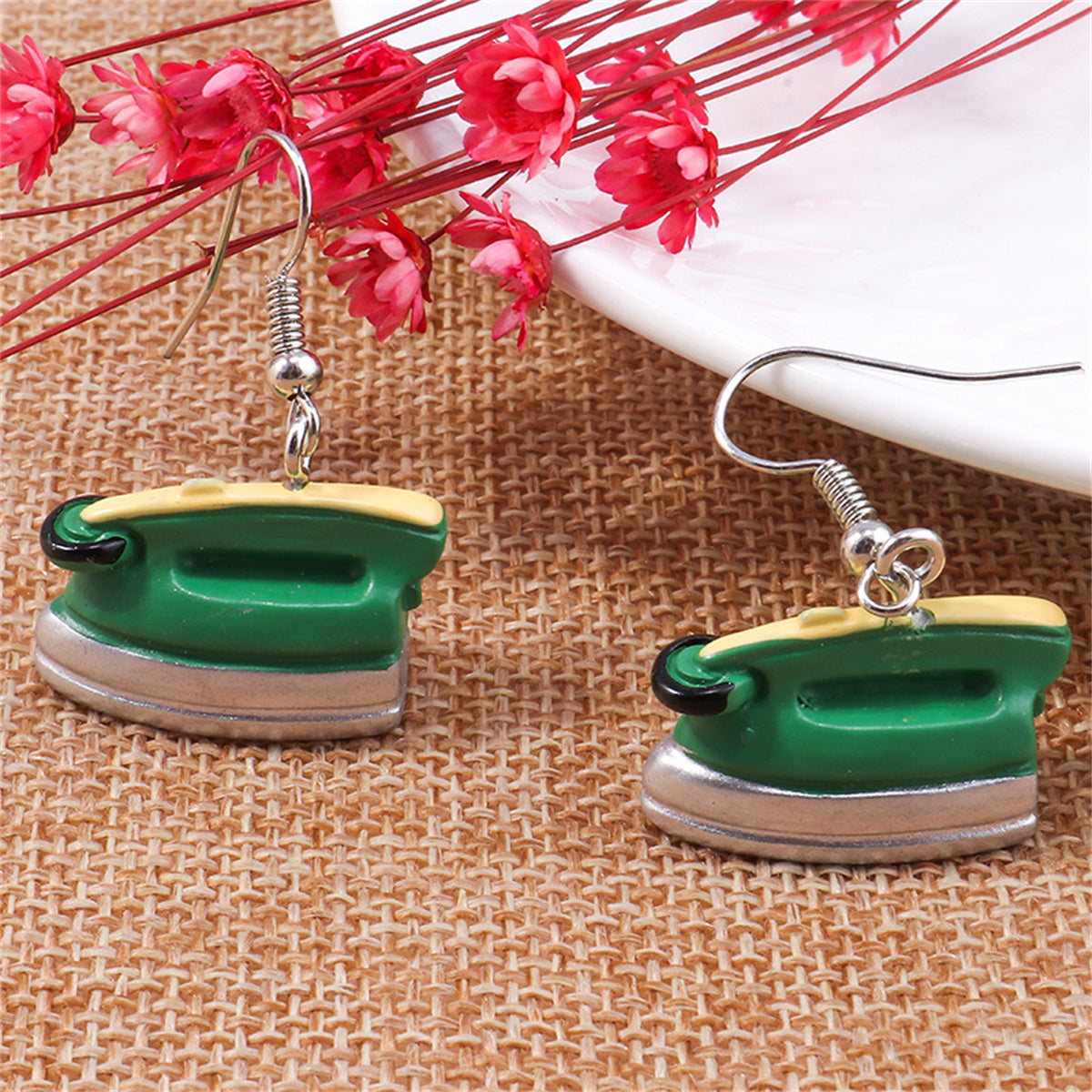 Green Enamel and Silver-Plated Iron Drop Earrings, silver drop earrings for women, botanical inspired, front view