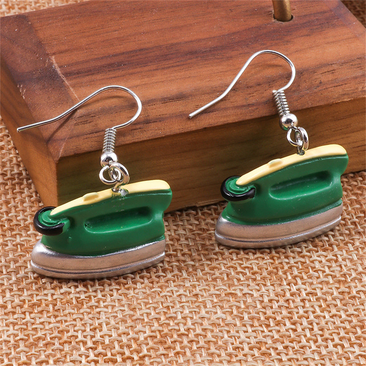 Green Enamel and Silver-Plated Iron Drop Earrings, silver drop earrings for women, botanical inspired, detail close-up