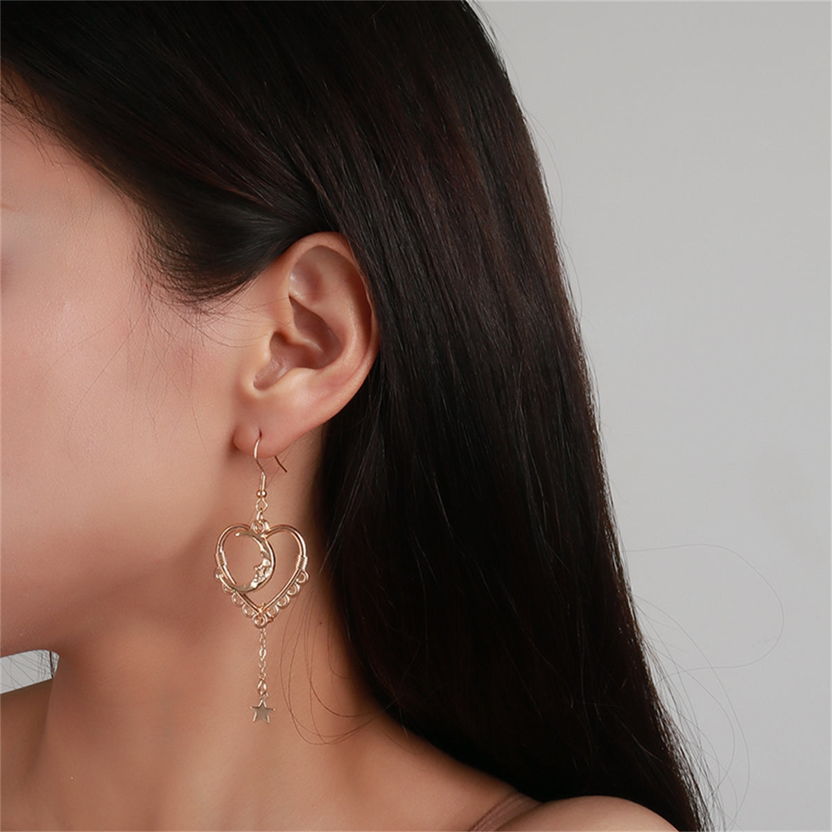 18K Rose Gold-Plated Moon Heart Star Drop Earrings, rose gold drop earrings for women, vintage-inspired design, front view