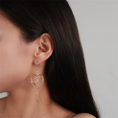 18K Rose Gold-Plated Moon Heart Star Drop Earrings, rose gold drop earrings for women, vintage-inspired design, front view