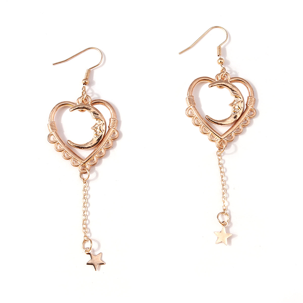 18K Rose Gold-Plated Moon Heart Star Drop Earrings, rose gold drop earrings for women, vintage-inspired design, side view