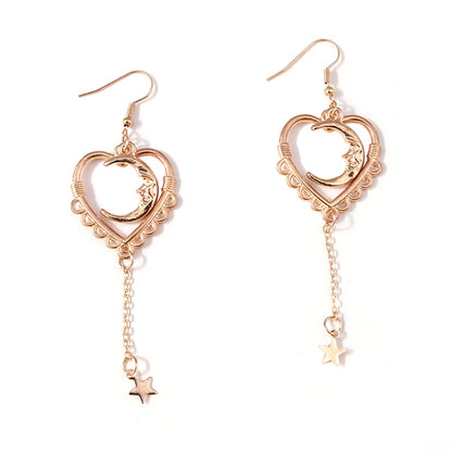 18K Rose Gold-Plated Moon Heart Star Drop Earrings, rose gold drop earrings for women, vintage-inspired design, side view