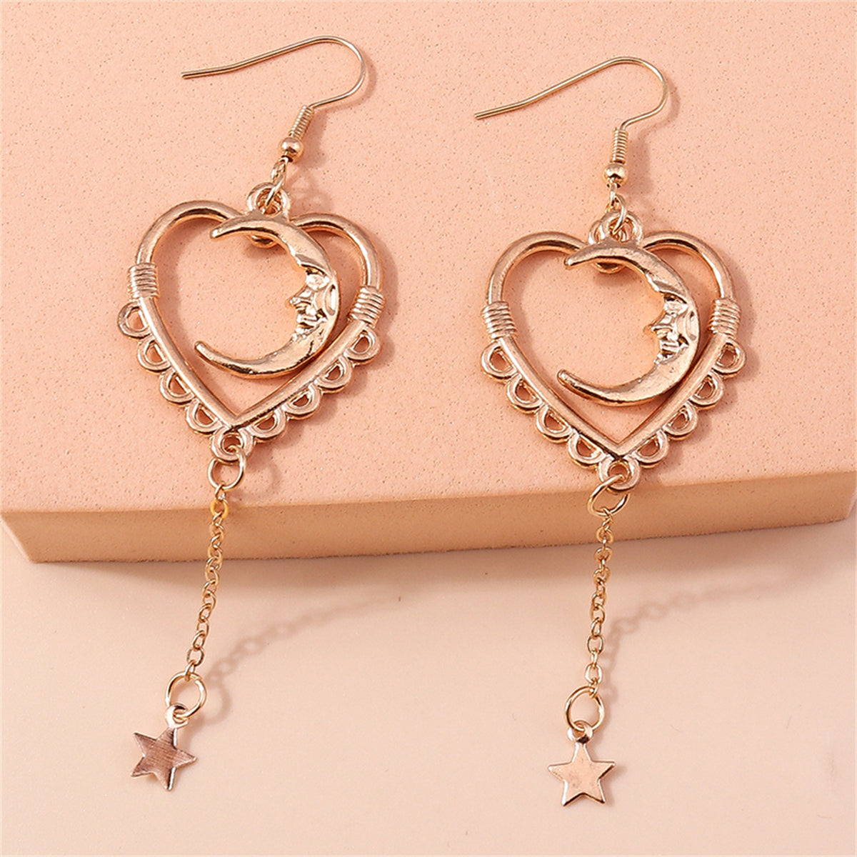 18K Rose Gold-Plated Moon Heart Star Drop Earrings, rose gold drop earrings for women, detail close-up