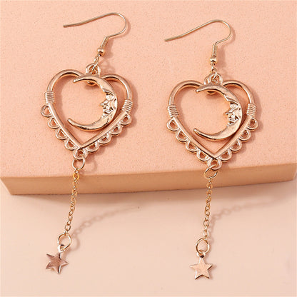 18K Rose Gold-Plated Moon Heart Star Drop Earrings, rose gold drop earrings for women, detail close-up