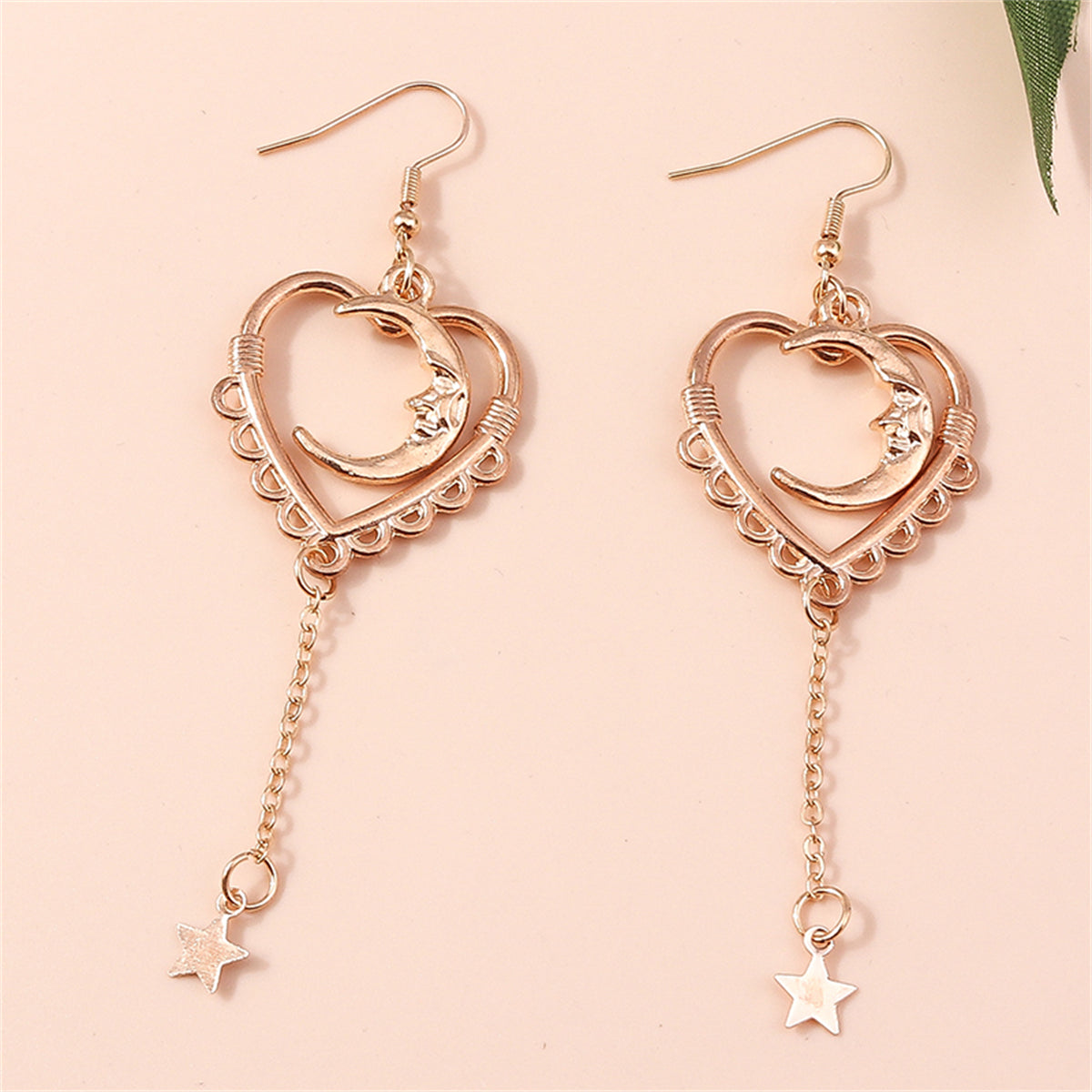 18K Rose Gold-Plated Moon Heart Star Drop Earrings, rose gold drop earrings for women, vintage-inspired design, styled look