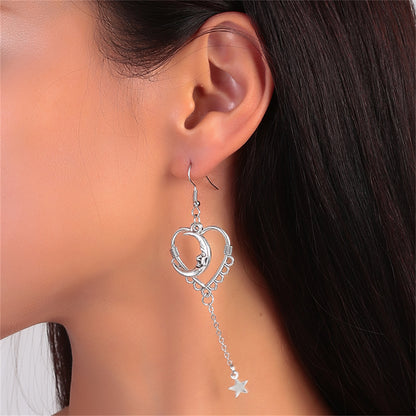 Silver-Plated Moon Heart Star Drop Earrings, silver drop earrings for women, botanical inspired, front view