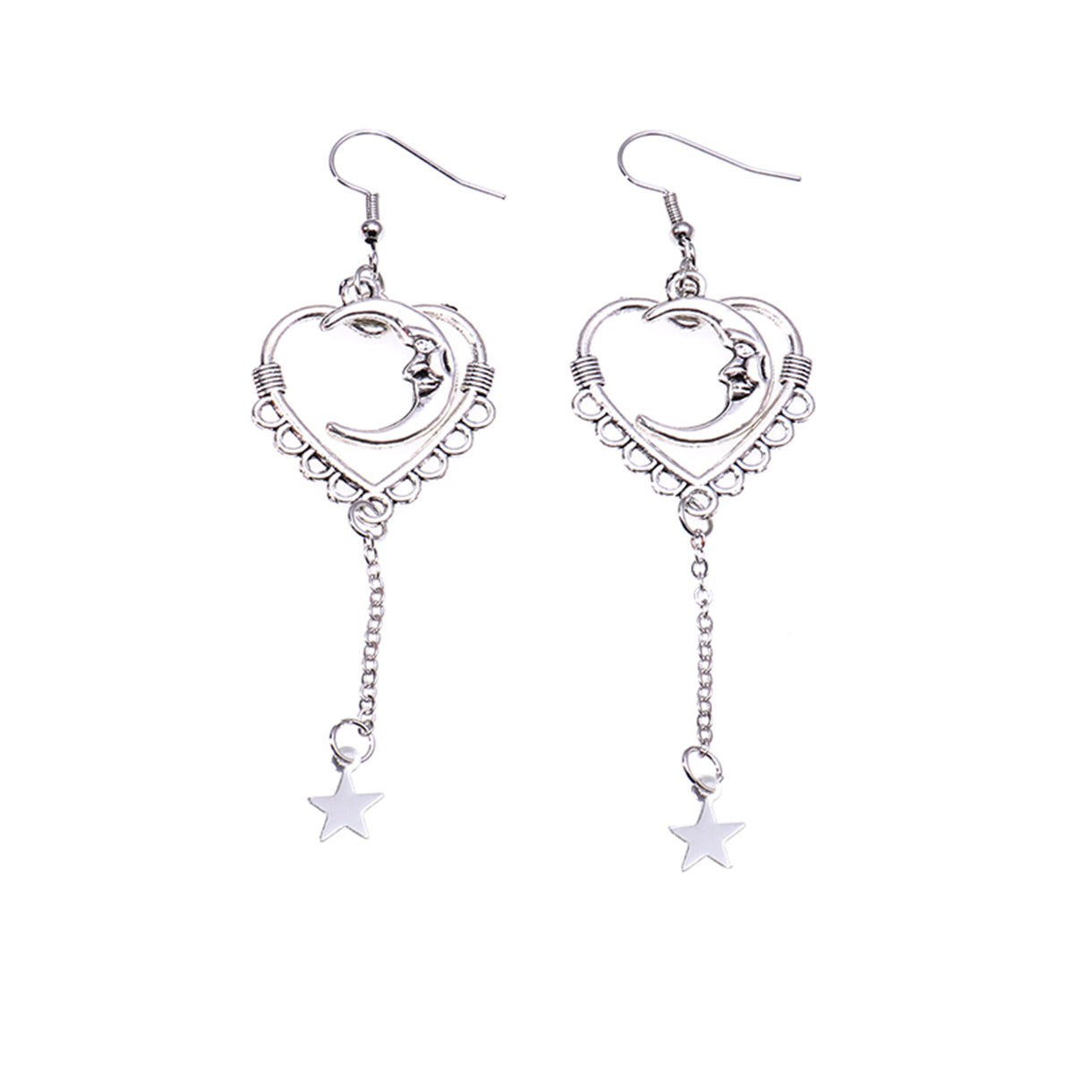 Silver-Plated Moon Heart Star Drop Earrings, silver drop earrings for women, botanical inspired, side view