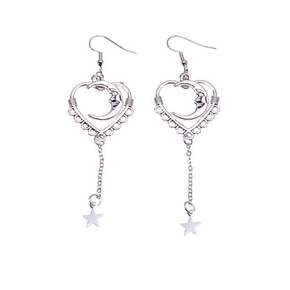 Silver-Plated Moon Heart Star Drop Earrings, silver drop earrings for women, botanical inspired, side view