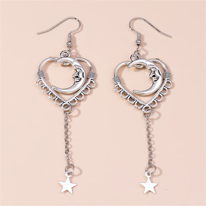 Silver-Plated Moon Heart Star Drop Earrings, silver drop earrings for women, botanical inspired, styled look
