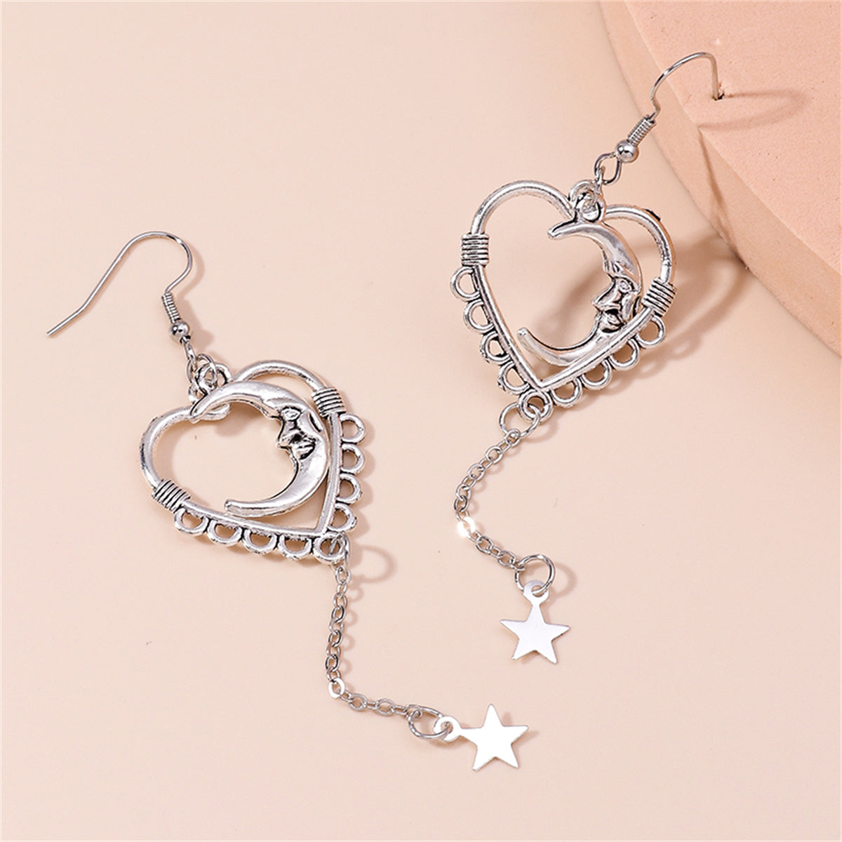Silver-Plated Moon Heart Star Drop Earrings, silver drop earrings for women, botanical inspired, detail close-up