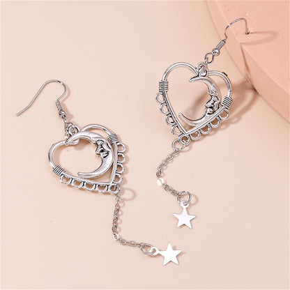 Silver-Plated Moon Heart Star Drop Earrings, silver drop earrings for women, botanical inspired, detail close-up