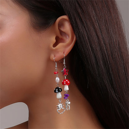 Red Resin and Silver-Plated Mushroom Teeth Drop Earrings, silver drop earrings for women, botanical inspired, front view