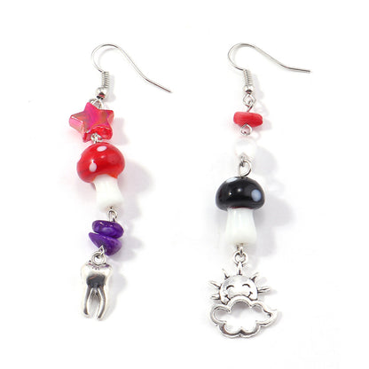 Red Resin and Silver-Plated Mushroom Teeth Drop Earrings, silver drop earrings for women, botanical inspired, side view
