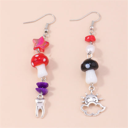 Red Resin and Silver-Plated Mushroom Teeth Drop Earrings, silver drop earrings for women, botanical inspired, styled look