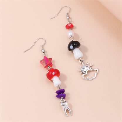 Red Resin and Silver-Plated Mushroom Teeth Drop Earrings, silver drop earrings for women, botanical inspired, detail close-up