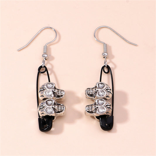Black and Silver-Plated Skull Pin Drop Earrings, silver drop earrings for women, dainty minimalist design, front view