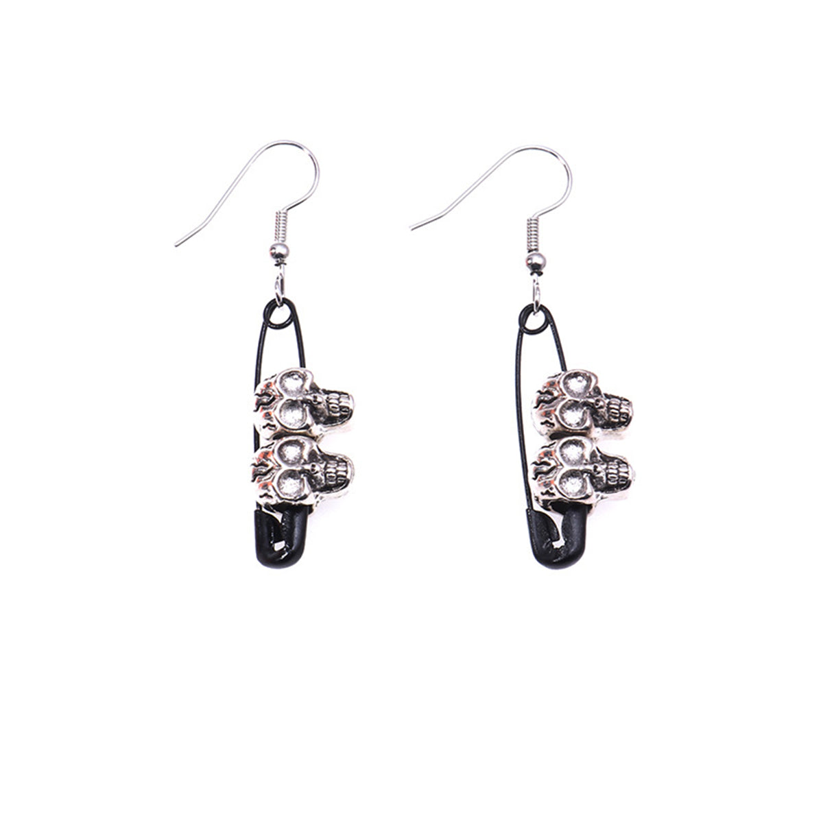 Black and Silver-Plated Skull Pin Drop Earrings, silver drop earrings for women, dainty minimalist design, styled look