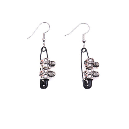 Black and Silver-Plated Skull Pin Drop Earrings, silver drop earrings for women, dainty minimalist design, styled look