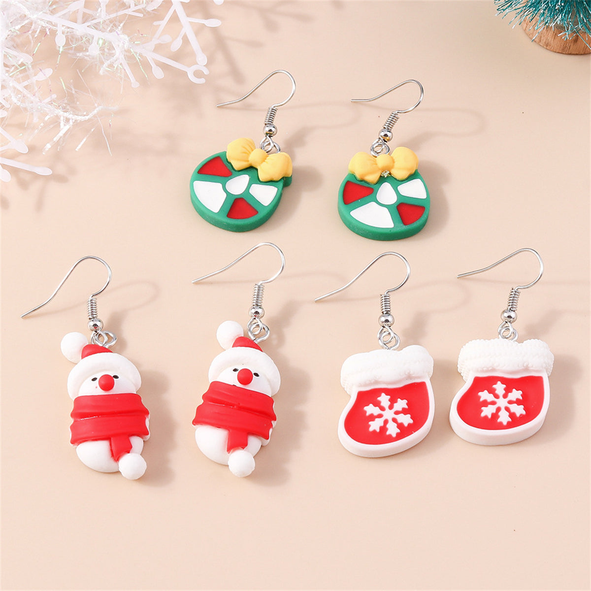 Red & Silver-Plated Bow Snowman Stocking Drop Earrings Set