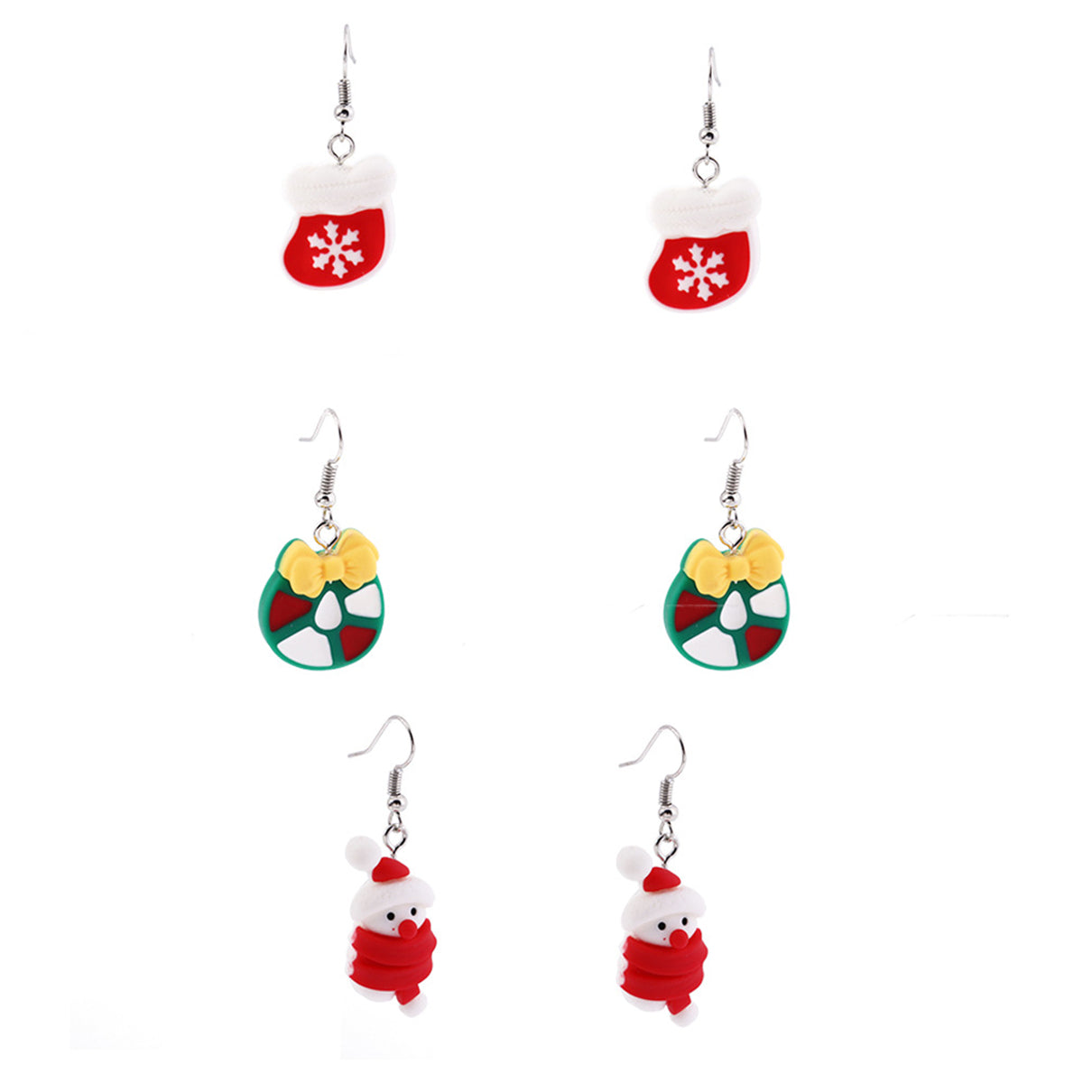 Red & Silver-Plated Bow Snowman Stocking Drop Earrings Set
