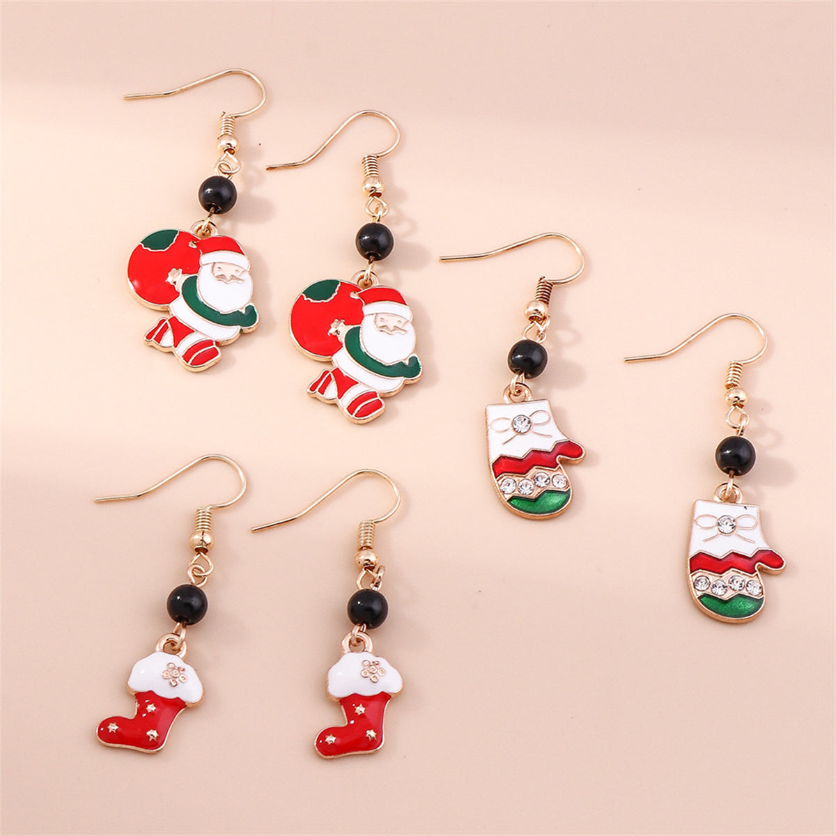 Cubic Zirconia & 18K Gold-Plated Gloves Stocking Santa Drop Earrings Set
