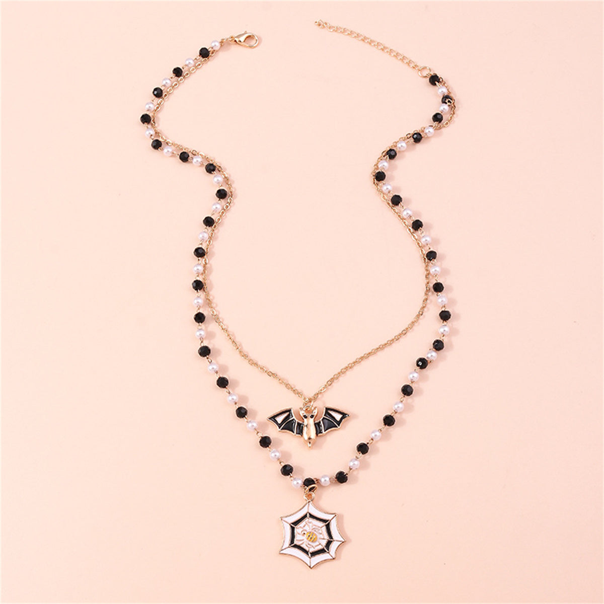 Black Acrylic & Pearl 18K Gold-Plated Bat Cobweb Layered Pendant Necklace