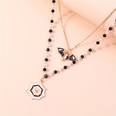 Black Acrylic & Pearl 18K Gold-Plated Bat Cobweb Layered Pendant Necklace