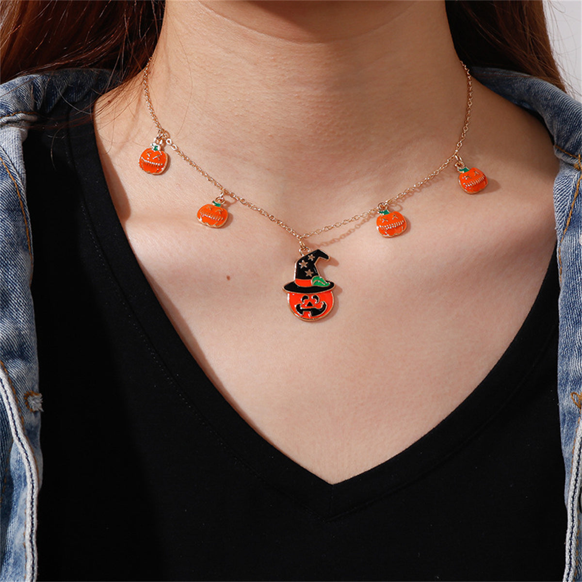 Orange Enamel and 18K Gold-Plated Pumpkin Pendant Necklace, gold pendant necklace for women, front view