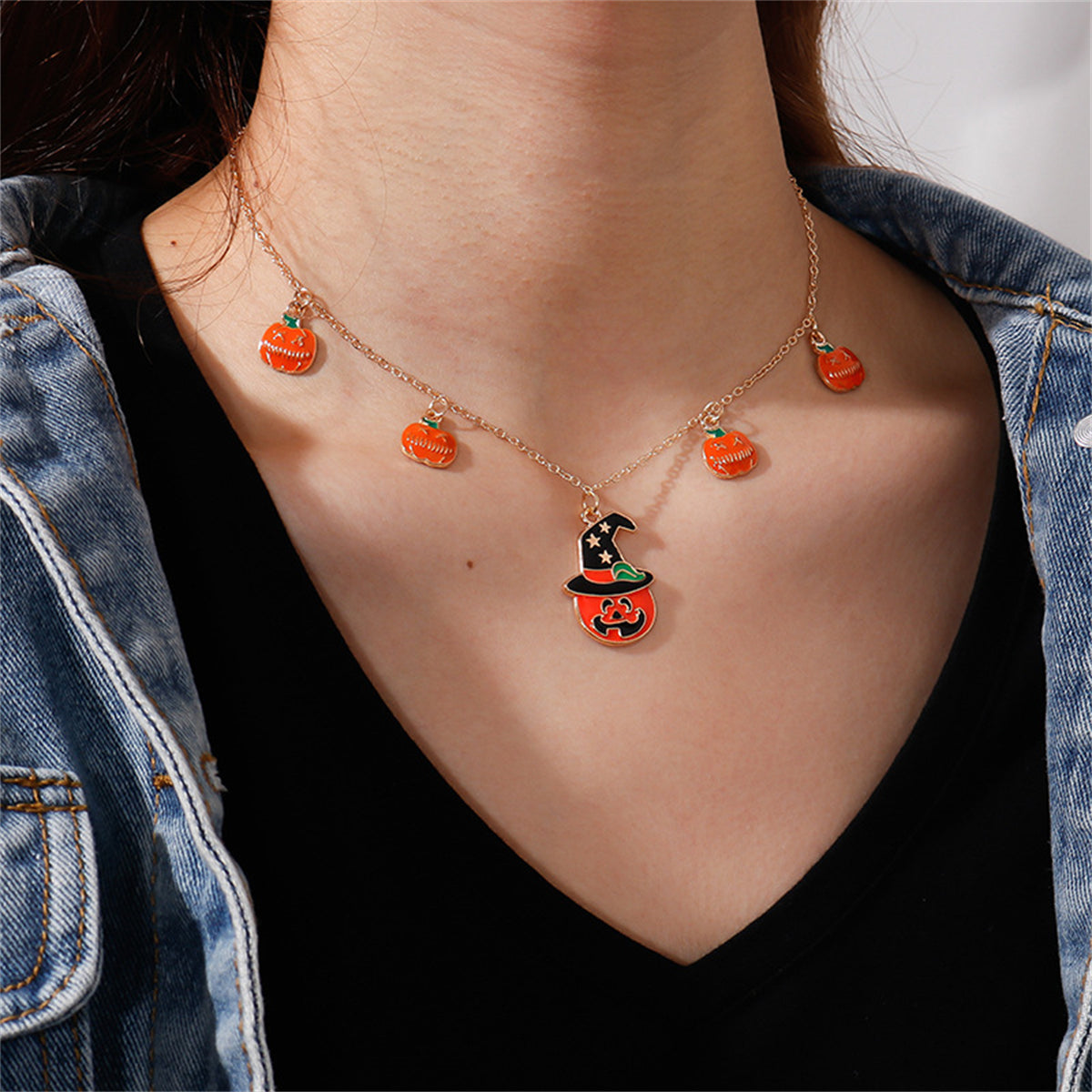 Orange Enamel and 18K Gold-Plated Pumpkin Pendant Necklace, gold pendant necklace for women, side view