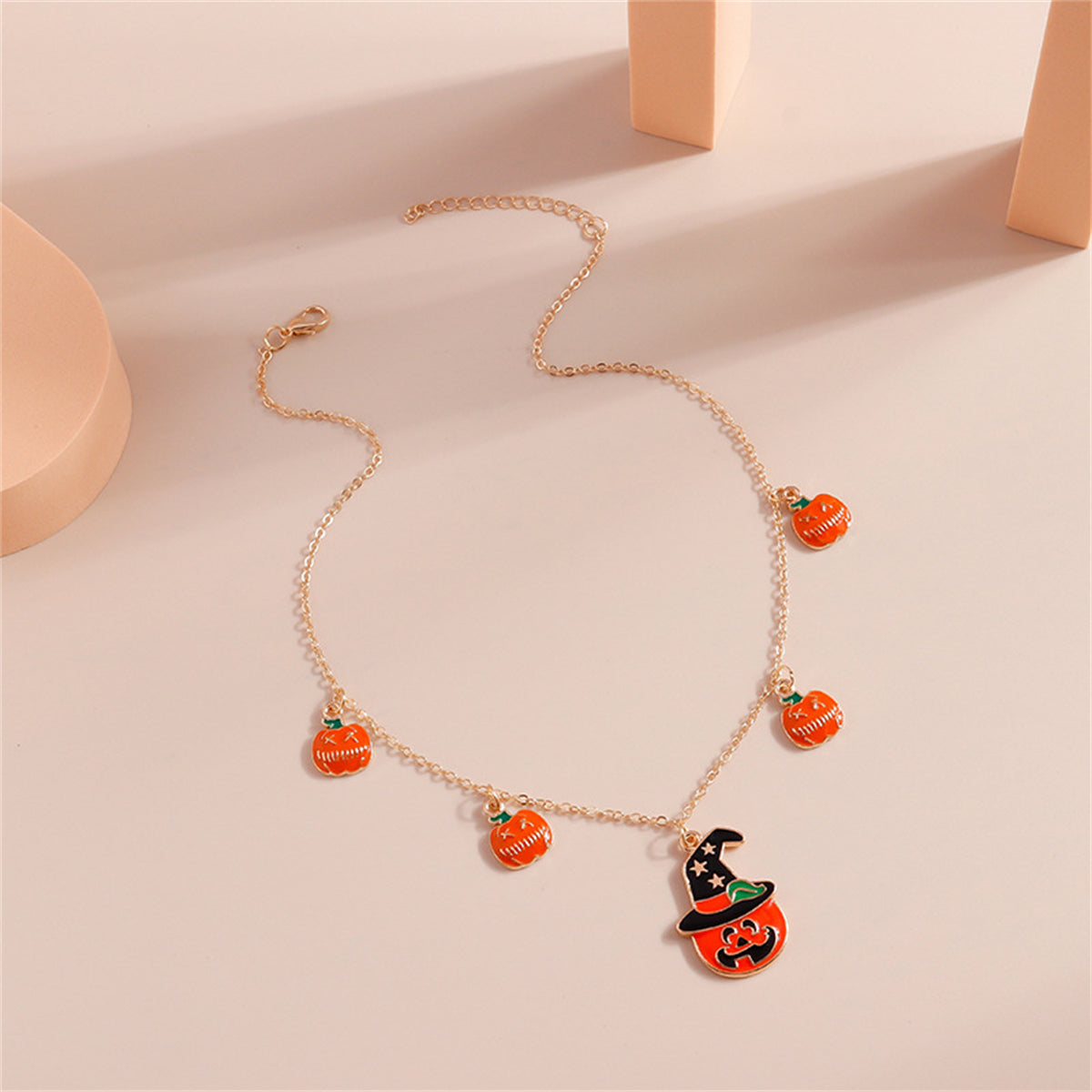 Orange Enamel and 18K Gold-Plated Pumpkin Pendant Necklace, gold pendant necklace for women, detail close-up