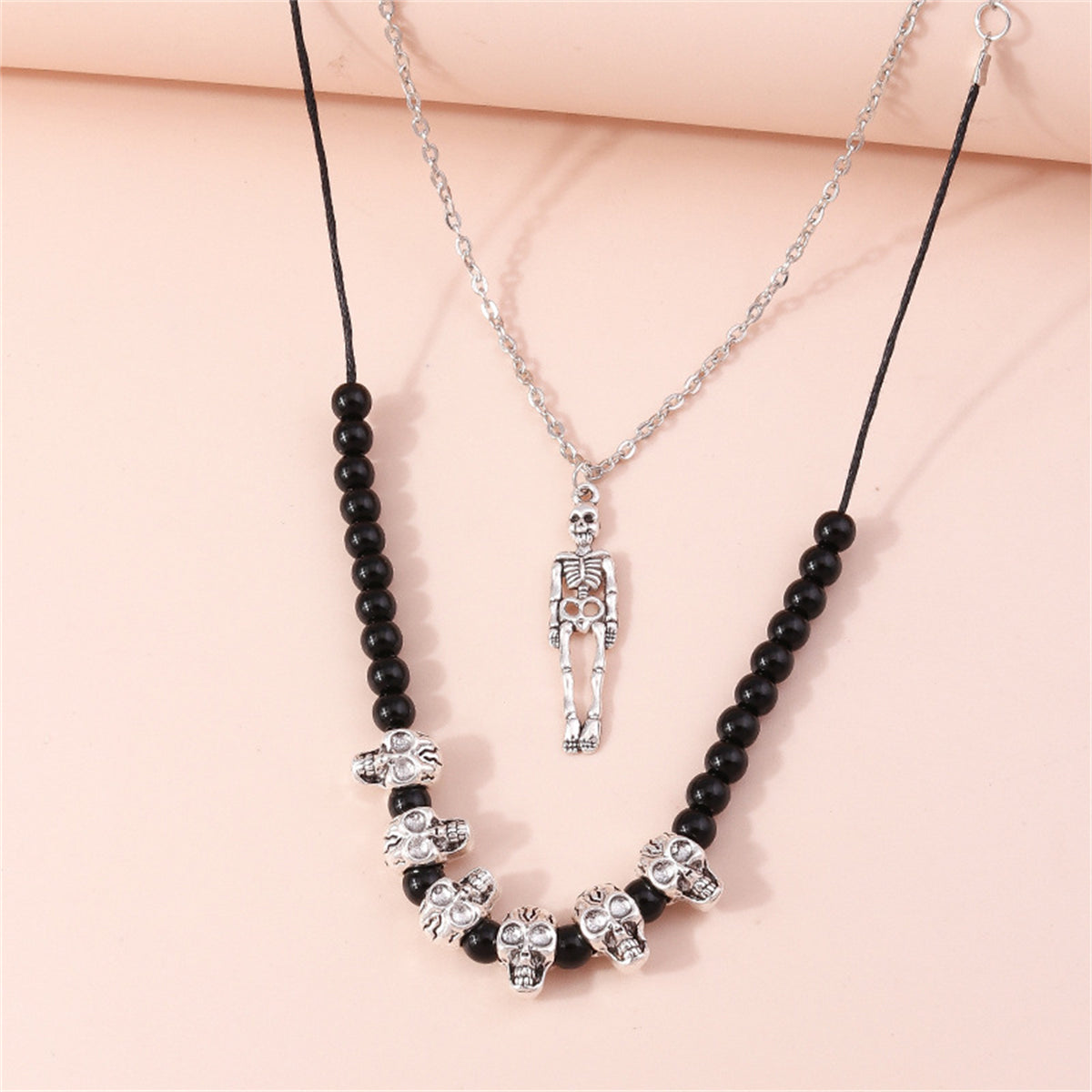 Black Quartz & Silver-Plated Skeleton Layered Pendant Necklace