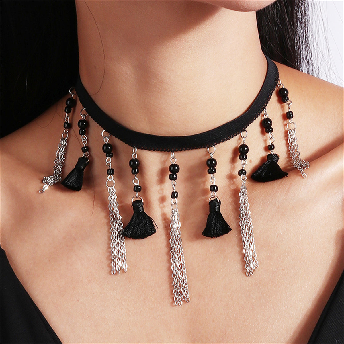 Black Howlite and Polster Silver-Plated Tassel Choker Necklace, silver pendant necklace for women, everyday style, front view
