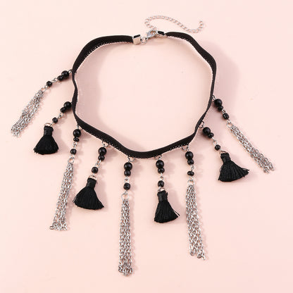 Black Howlite and Polster Silver-Plated Tassel Choker Necklace, silver pendant necklace for women, everyday style, side view