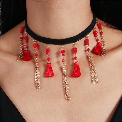 Red Howlite and Silver-Plated Tassel Choker Necklace, silver pendant necklace for women, everyday style, front view