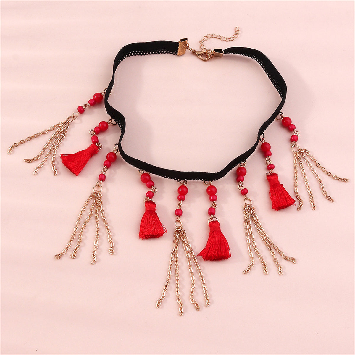 Red Howlite and Silver-Plated Tassel Choker Necklace, silver pendant necklace for women, everyday style, side view