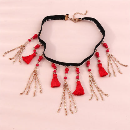 Red Howlite and Silver-Plated Tassel Choker Necklace, silver pendant necklace for women, everyday style, side view