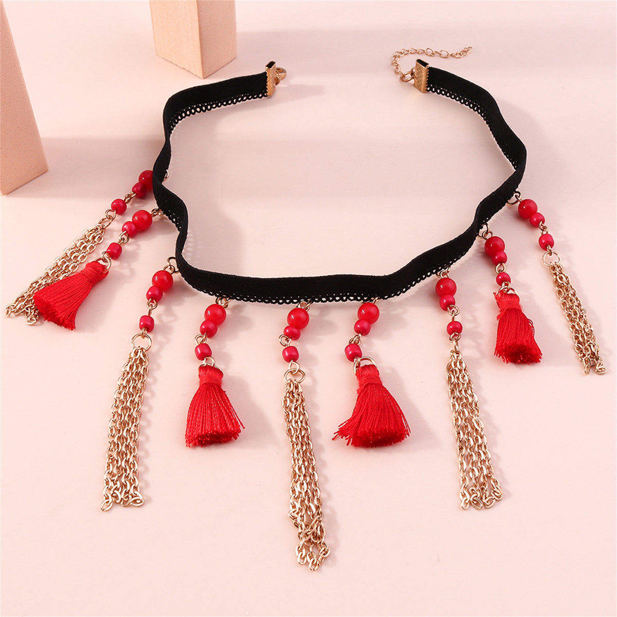 Red Howlite and Silver-Plated Tassel Choker Necklace, silver pendant necklace for women, everyday style, detail close-up
