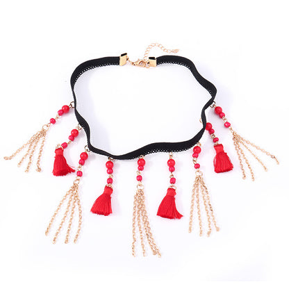 Red Howlite and Silver-Plated Tassel Choker Necklace, silver pendant necklace for women, everyday style, styled look