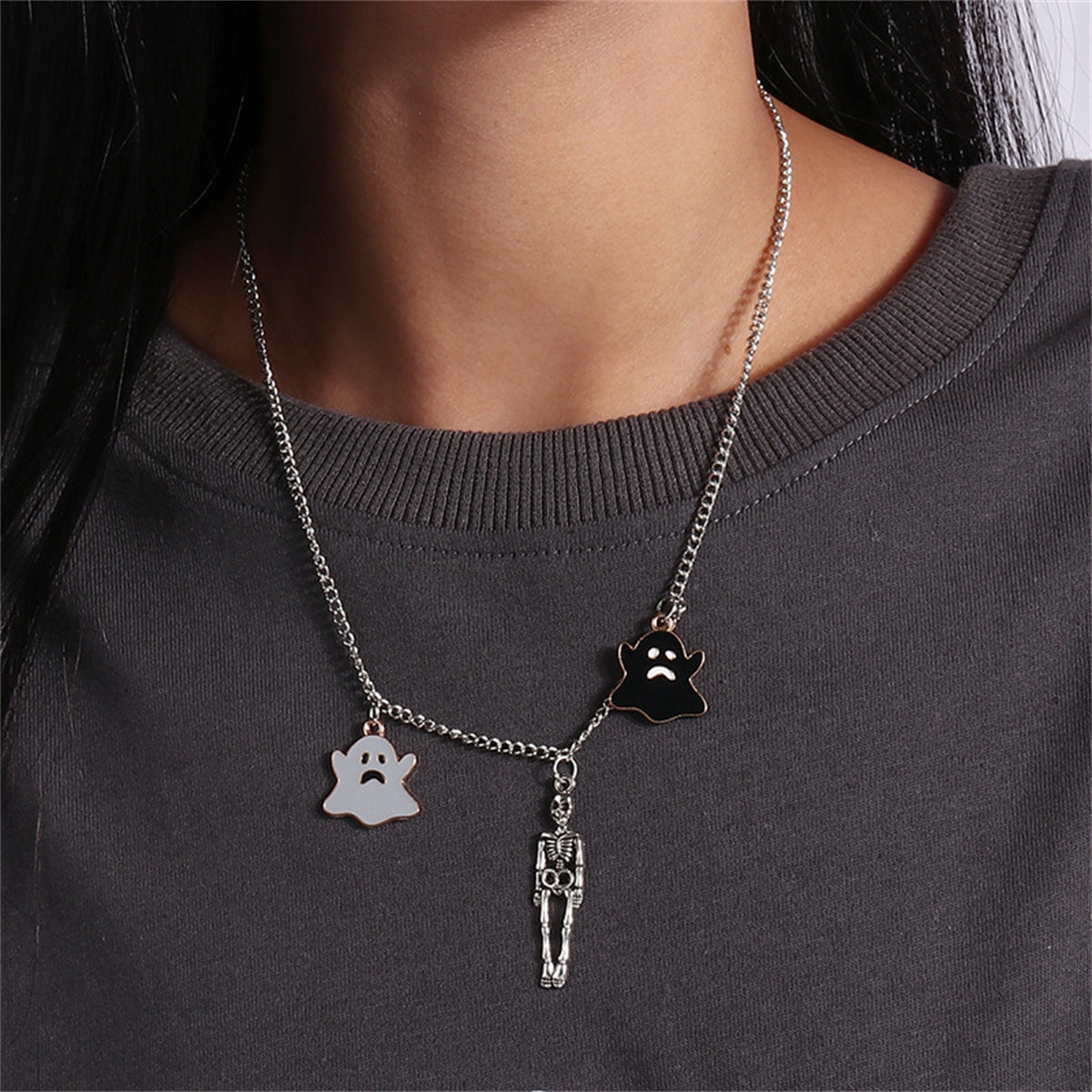 Black Enamel and Silver-Plated Ghost Skeleton Pendant Necklace, silver pendant necklace for women, front view