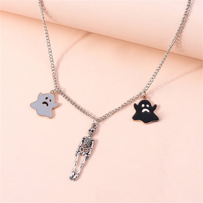 Black Enamel and Silver-Plated Ghost Skeleton Pendant Necklace, silver pendant necklace for women, side view