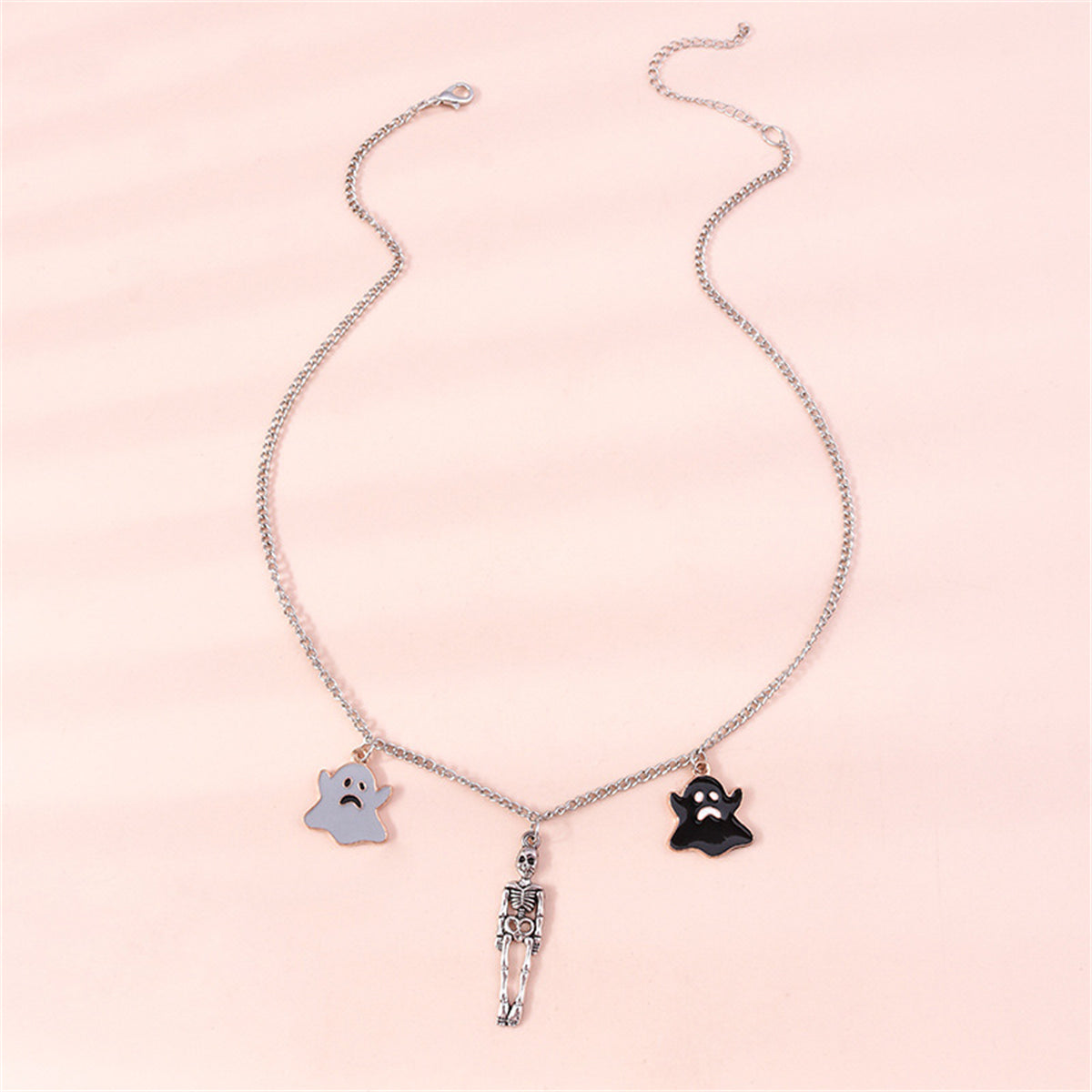 Black Enamel and Silver-Plated Ghost Skeleton Pendant Necklace, silver pendant necklace for women, lifestyle look