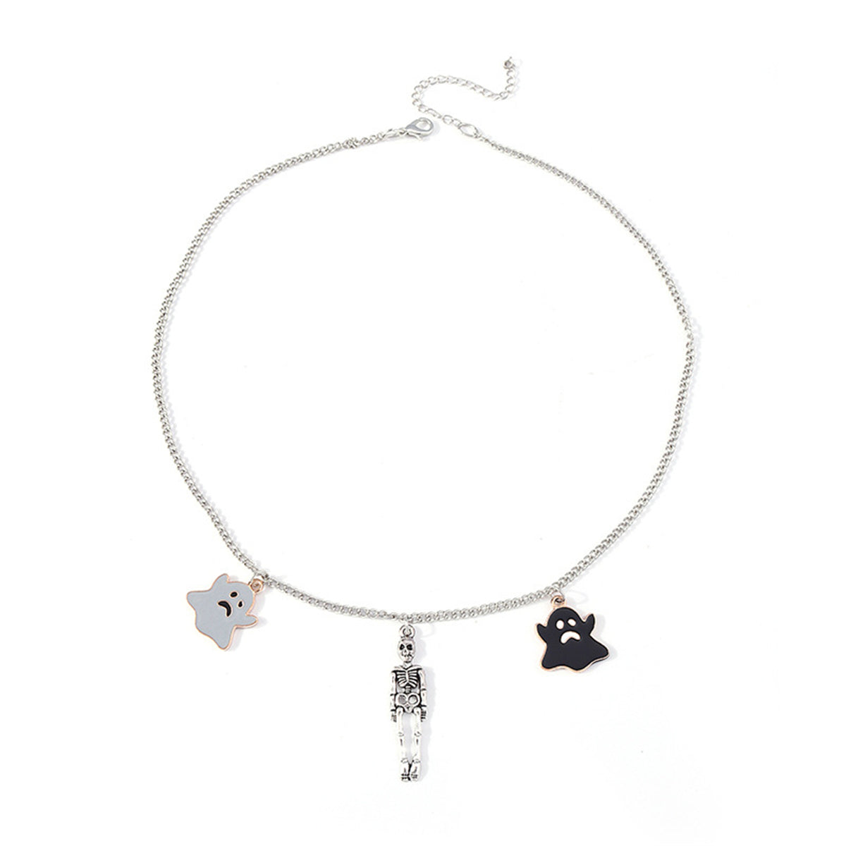 Black Enamel and Silver-Plated Ghost Skeleton Pendant Necklace, silver pendant necklace for women, detail close-up